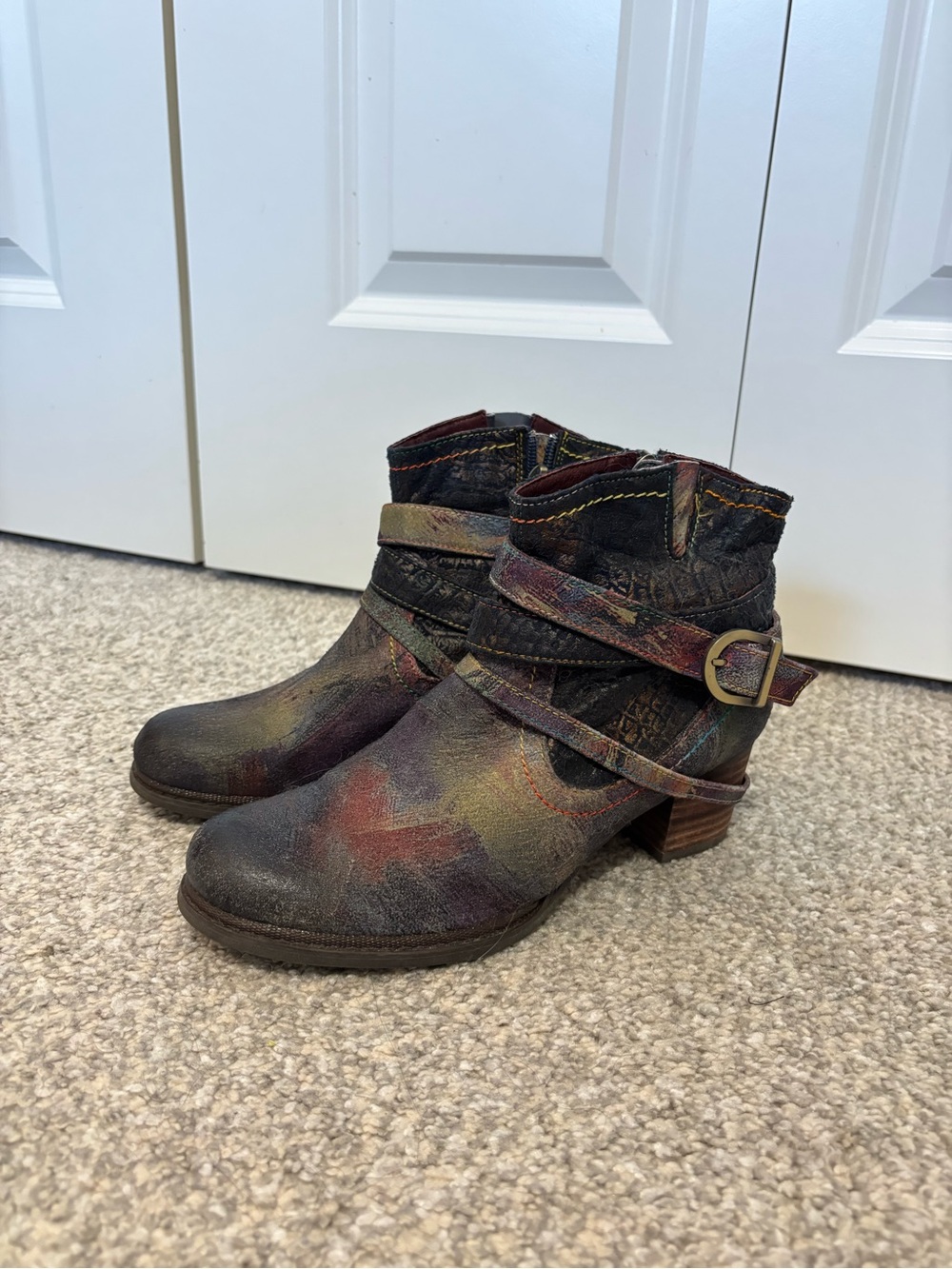 Women's Distressed Multi-Color Buckle Strap Ankle Boots